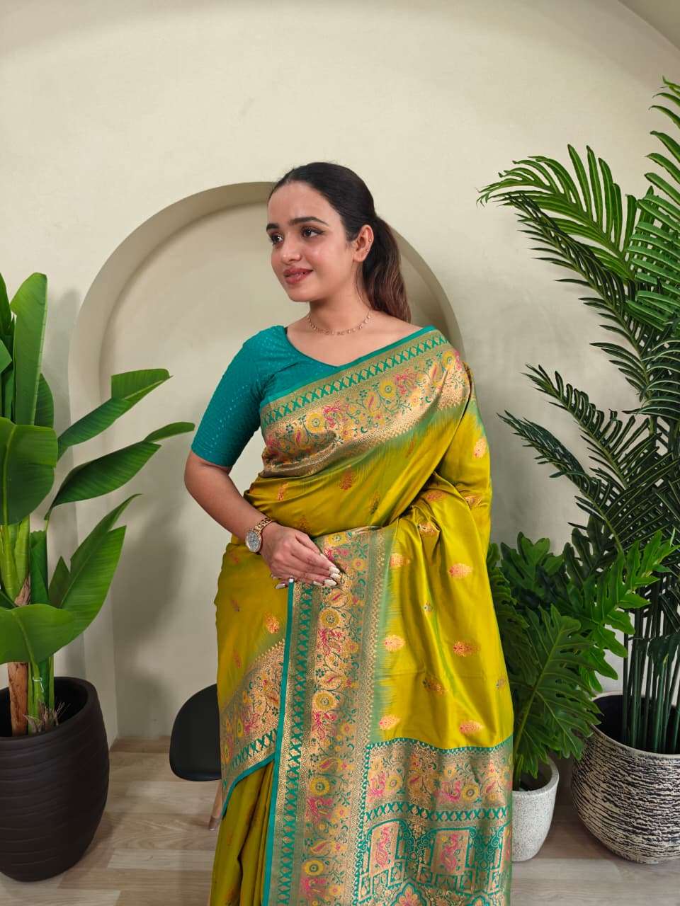 PAITHANI SILK SAREE WITH UNIQUE PEACOCK MOTIFS AND MEENAKARI WORK IN BORDER AND BANARASI MOTIFS