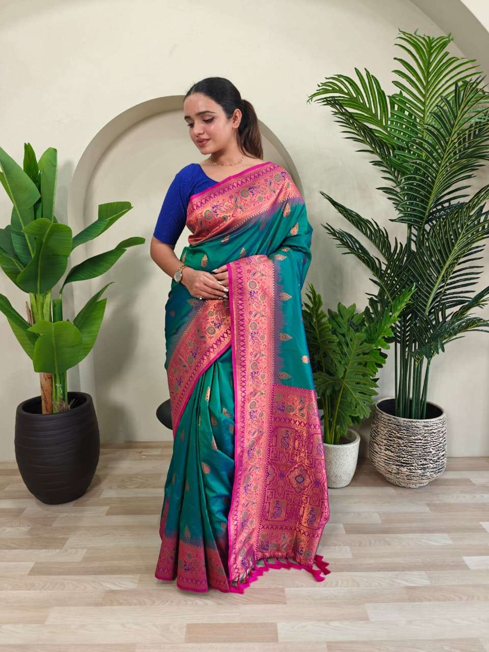 PAITHANI SILK SAREE WITH UNIQUE PEACOCK MOTIFS AND MEENAKARI WORK IN BORDER AND BANARASI MOTIFS