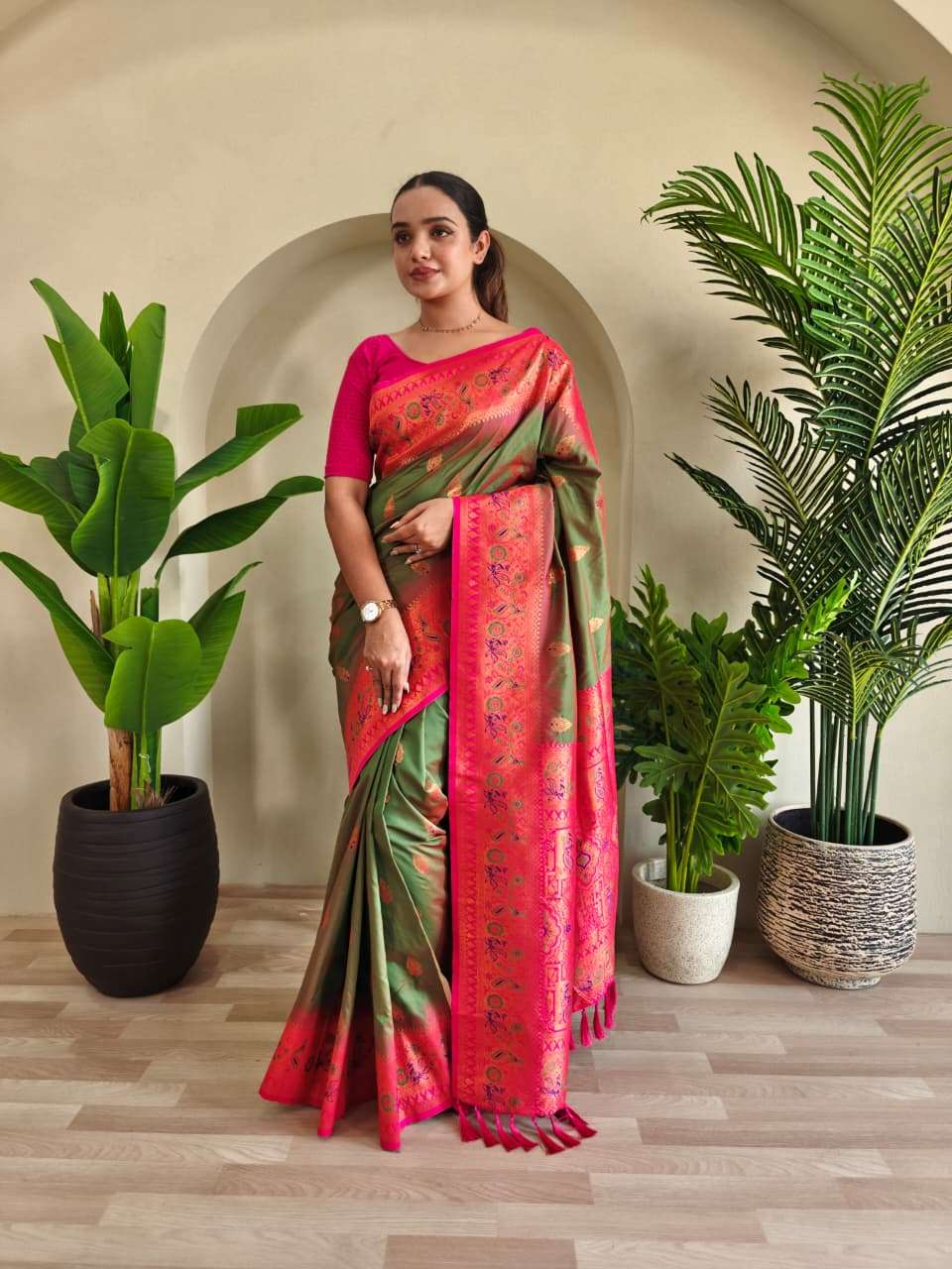 PAITHANI SILK SAREE WITH UNIQUE PEACOCK MOTIFS AND MEENAKARI WORK IN BORDER AND BANARASI MOTIFS