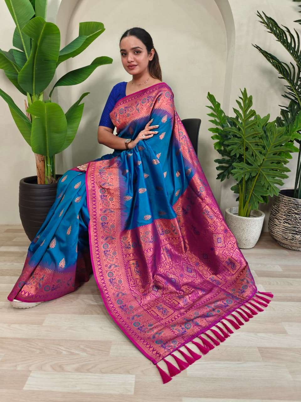 PAITHANI SILK SAREE WITH UNIQUE PEACOCK MOTIFS AND MEENAKARI WORK IN BORDER AND BANARASI MOTIFS