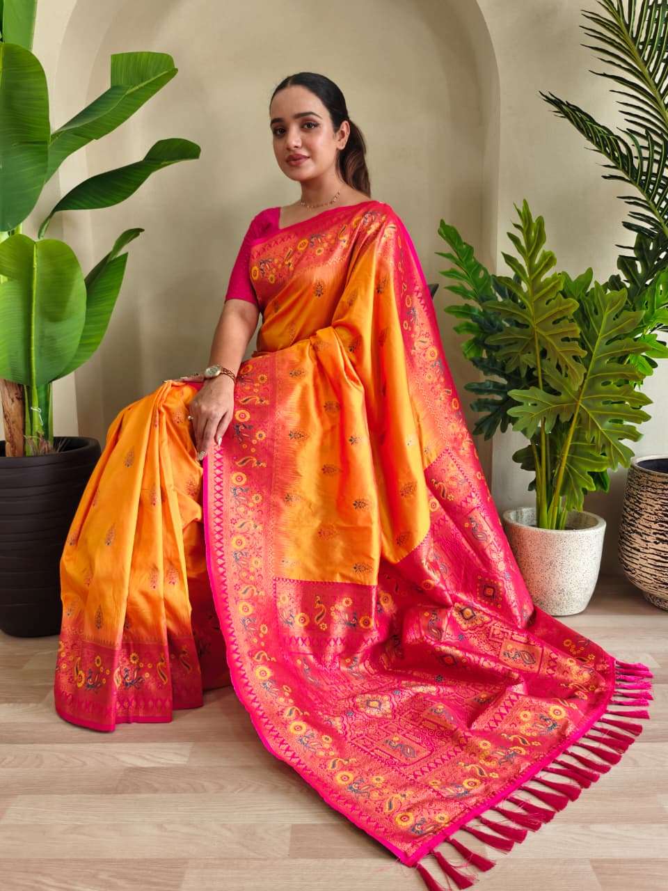 PAITHANI SILK SAREE WITH UNIQUE PEACOCK MOTIFS AND MEENAKARI WORK IN BORDER AND BANARASI MOTIFS