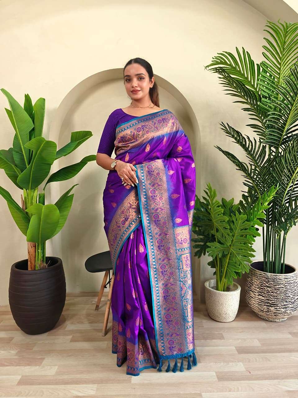 PAITHANI SILK SAREE WITH UNIQUE PEACOCK MOTIFS AND MEENAKARI WORK IN BORDER AND BANARASI MOTIFS