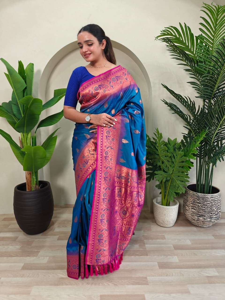 PAITHANI SILK SAREE WITH UNIQUE PEACOCK MOTIFS AND MEENAKARI WORK IN BORDER AND BANARASI MOTIFS