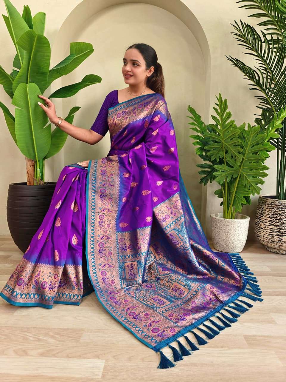 PAITHANI SILK SAREE WITH UNIQUE PEACOCK MOTIFS AND MEENAKARI WORK IN BORDER AND BANARASI MOTIFS
