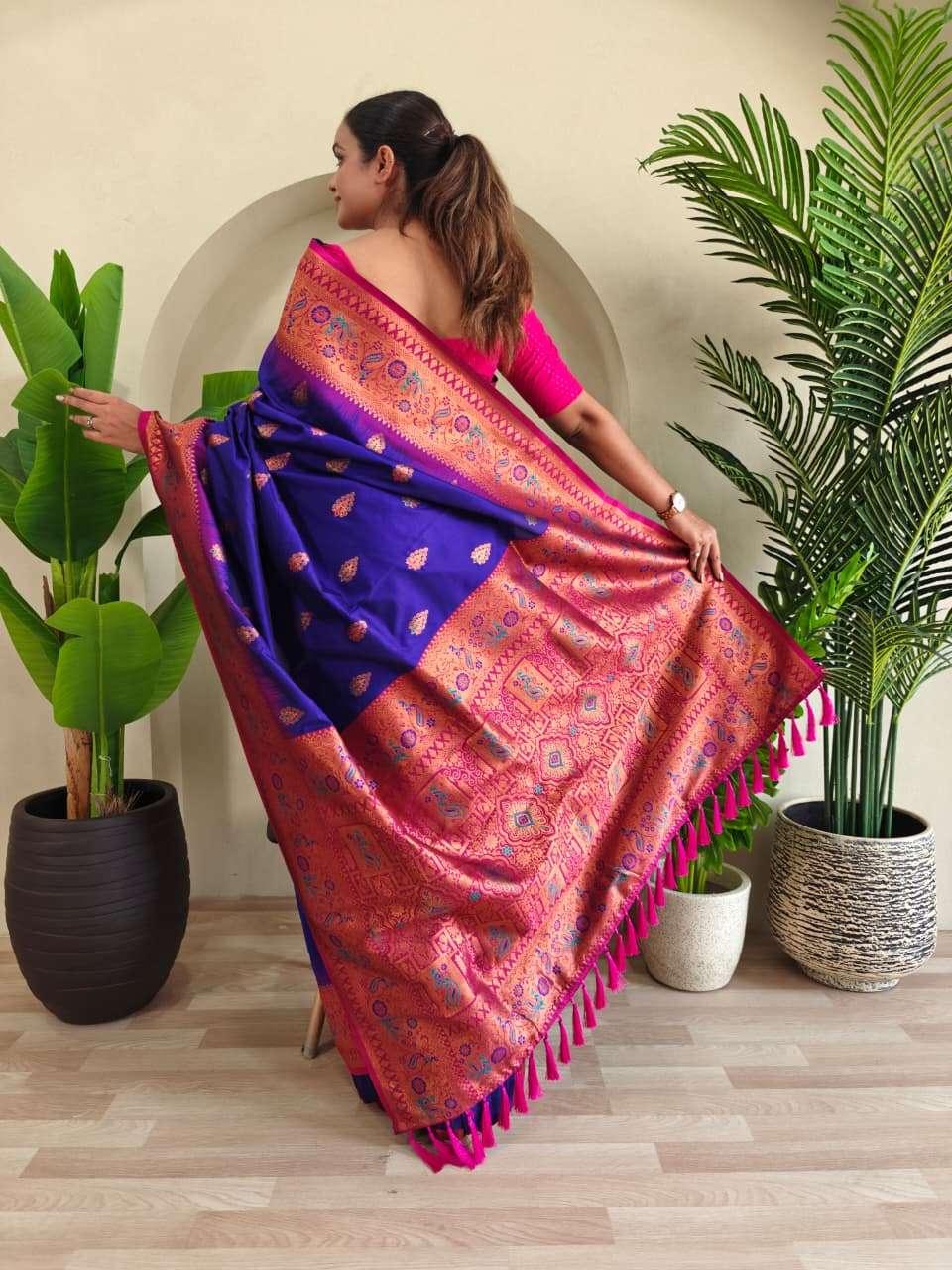 PAITHANI SILK SAREE WITH UNIQUE PEACOCK MOTIFS AND MEENAKARI WORK IN BORDER AND BANARASI MOTIFS