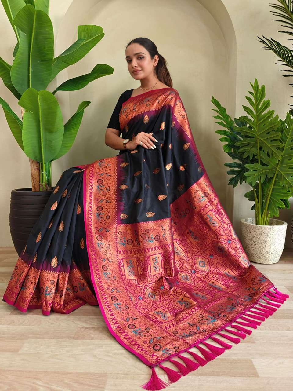 PAITHANI SILK SAREE WITH UNIQUE PEACOCK MOTIFS AND MEENAKARI WORK IN BORDER AND BANARASI MOTIFS