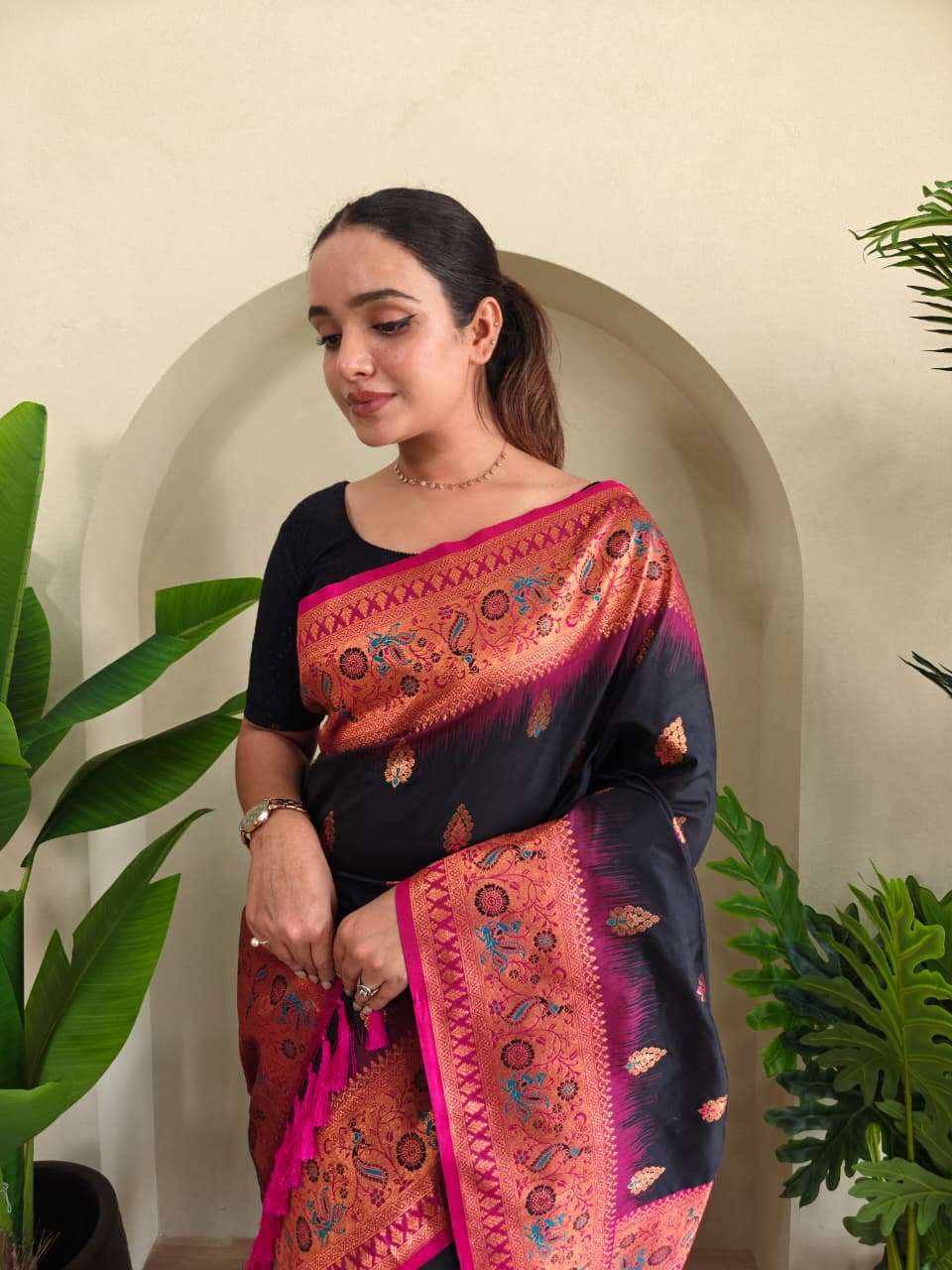 PAITHANI SILK SAREE WITH UNIQUE PEACOCK MOTIFS AND MEENAKARI WORK IN BORDER AND BANARASI MOTIFS