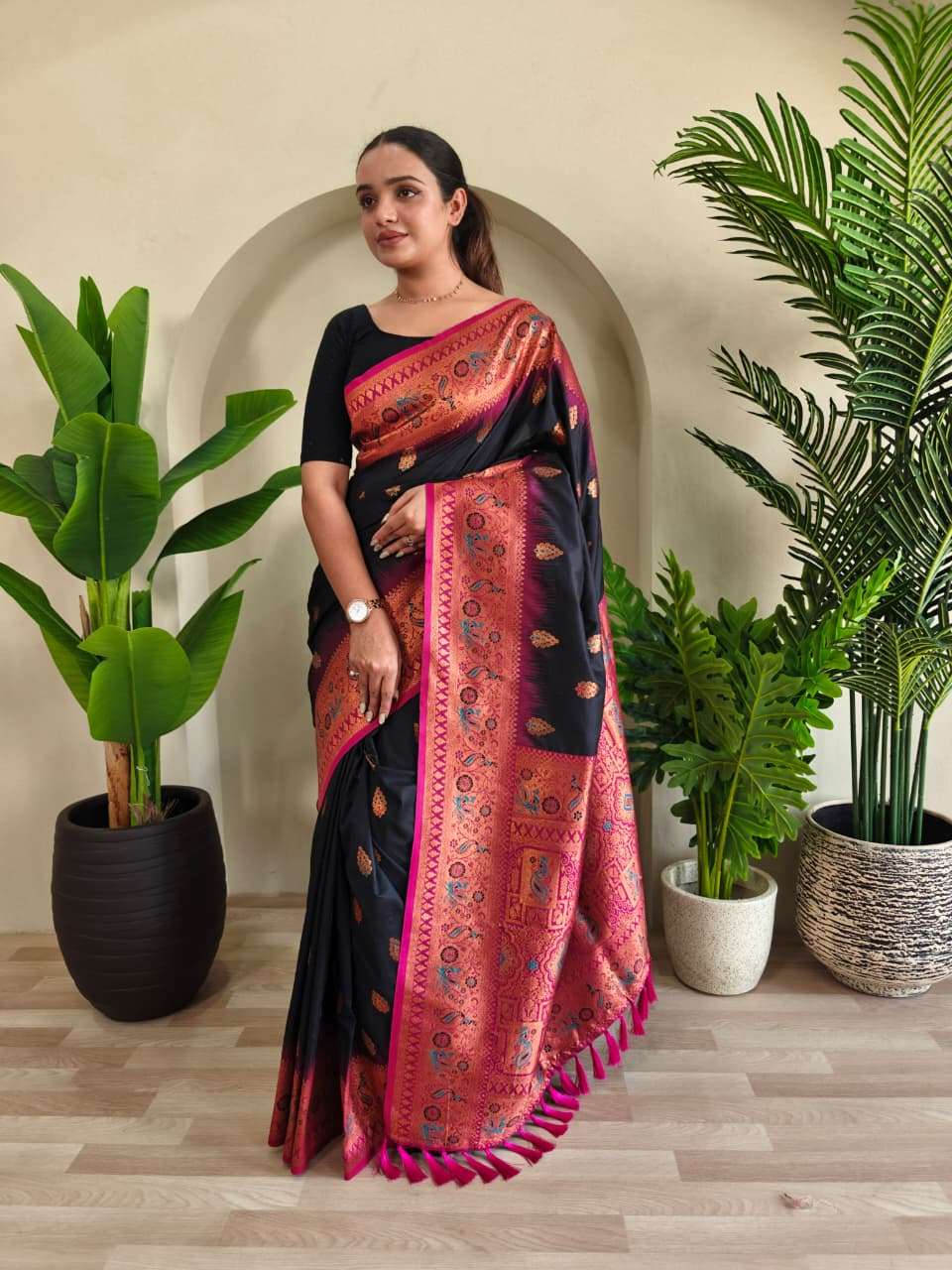 PAITHANI SILK SAREE WITH UNIQUE PEACOCK MOTIFS AND MEENAKARI WORK IN BORDER AND BANARASI MOTIFS