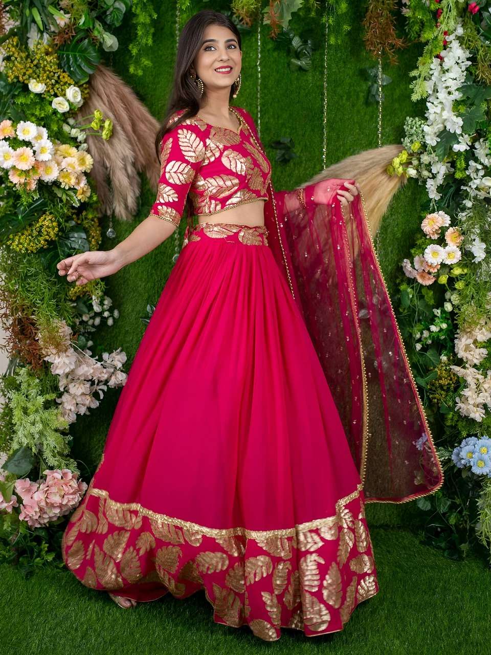 PINK DESIGNER LEHENGA WITH GOLDEN LEAF EMBROIDERY    