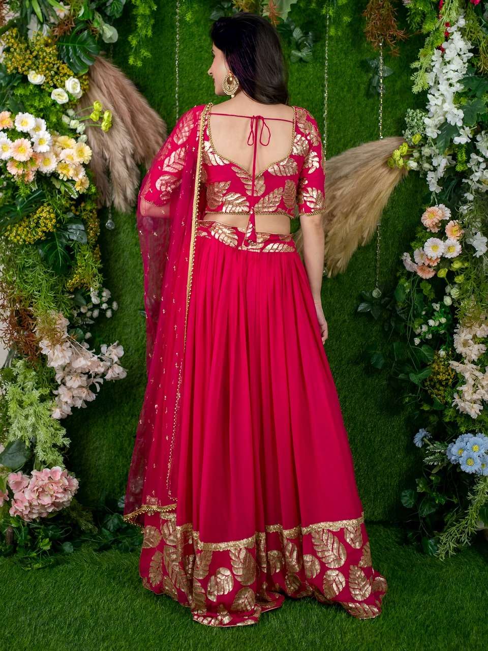 PINK DESIGNER LEHENGA WITH GOLDEN LEAF EMBROIDERY    