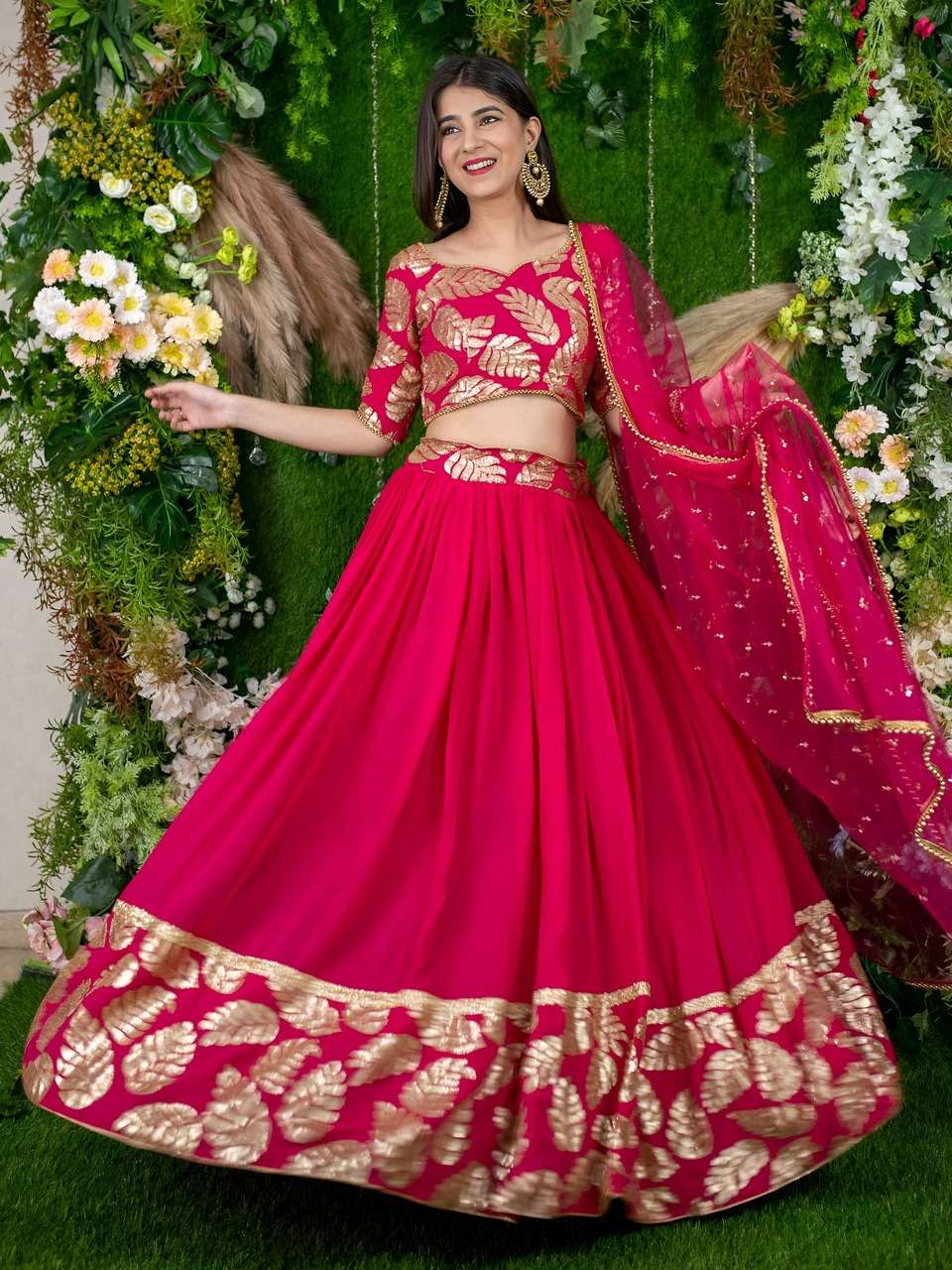 PINK DESIGNER LEHENGA WITH GOLDEN LEAF EMBROIDERY    