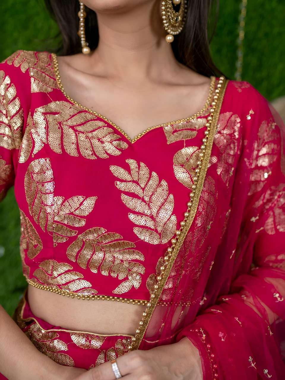 PINK DESIGNER LEHENGA WITH GOLDEN LEAF EMBROIDERY    