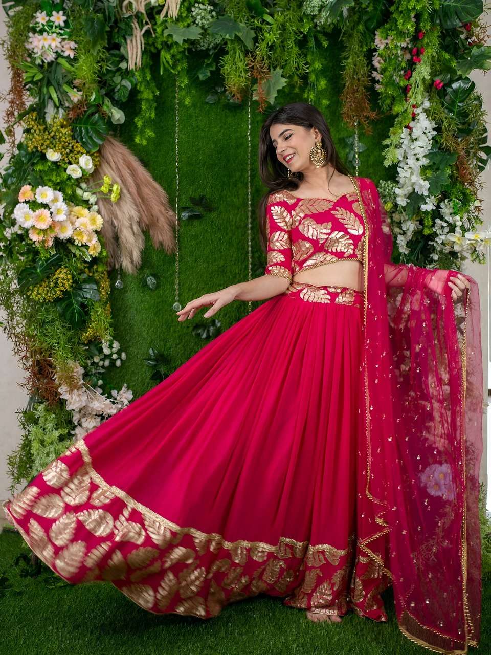 PINK DESIGNER LEHENGA WITH GOLDEN LEAF EMBROIDERY    