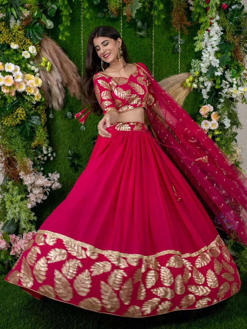 PINK DESIGNER LEHENGA WITH GOLDEN LEAF EMBROIDERY    