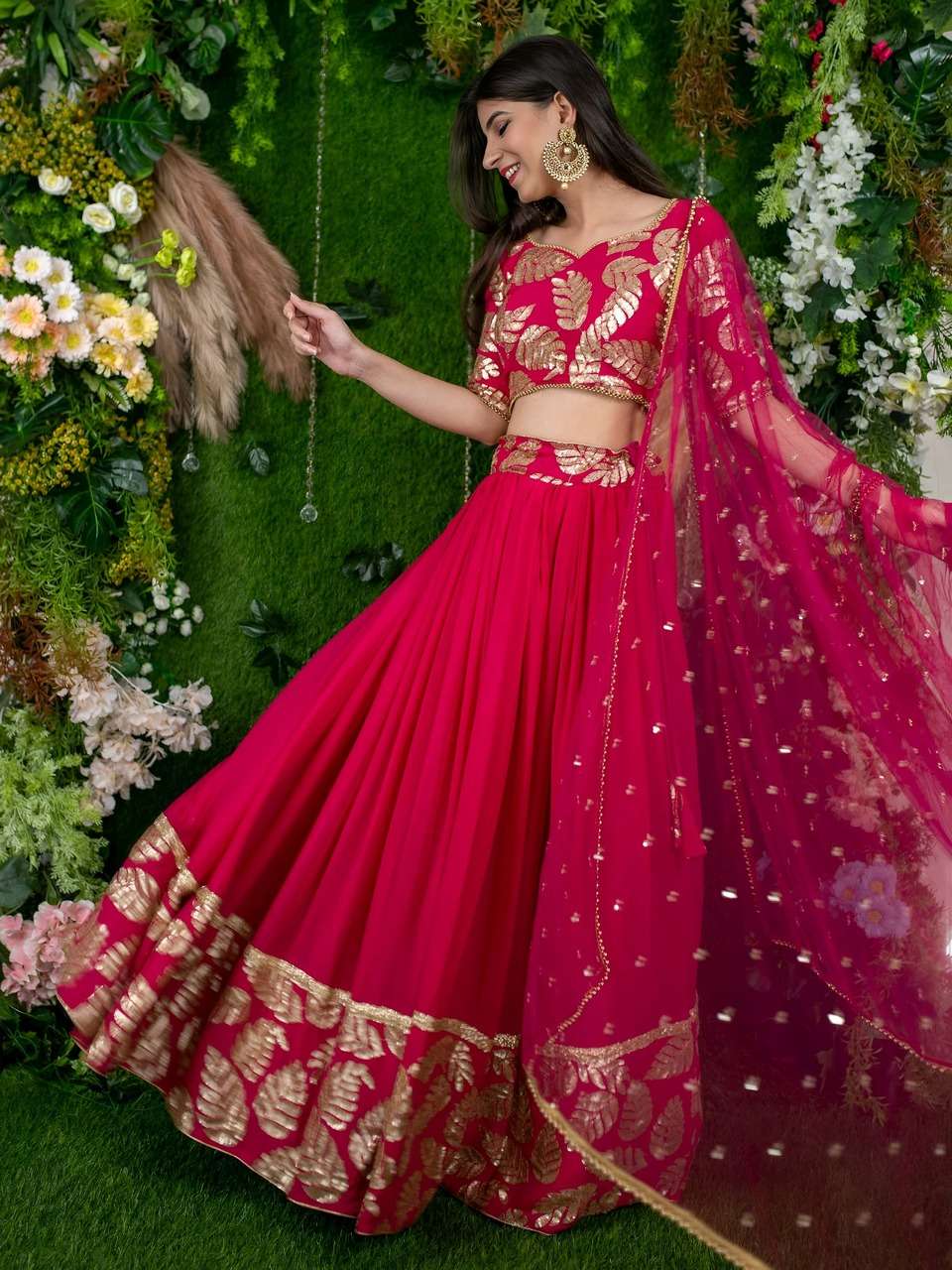 PINK DESIGNER LEHENGA WITH GOLDEN LEAF EMBROIDERY    