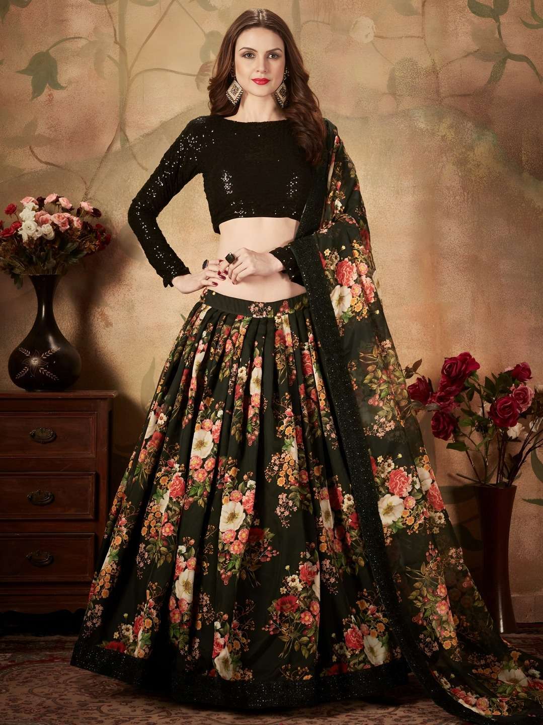 PREMIUM BLACK FLORAL LEHENGA CHOLI WITH SEQUIN BLOUSE