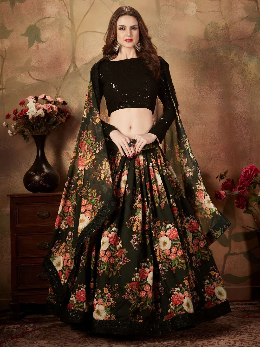 PREMIUM BLACK FLORAL LEHENGA CHOLI WITH SEQUIN BLOUSE