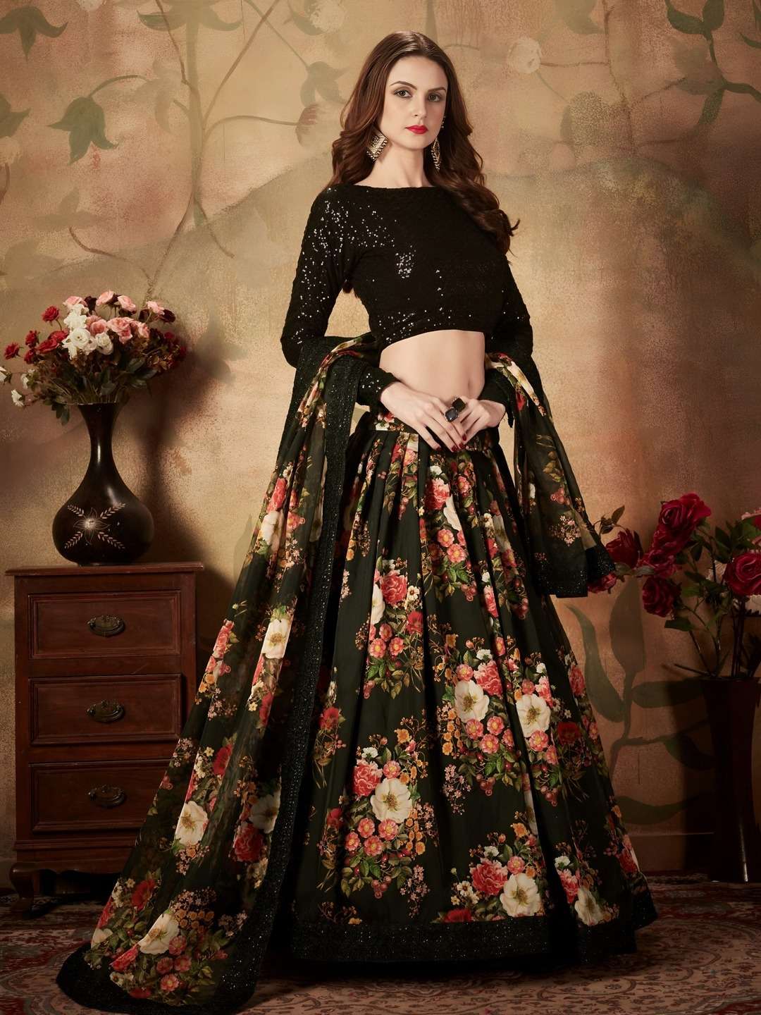 PREMIUM BLACK FLORAL LEHENGA CHOLI WITH SEQUIN BLOUSE