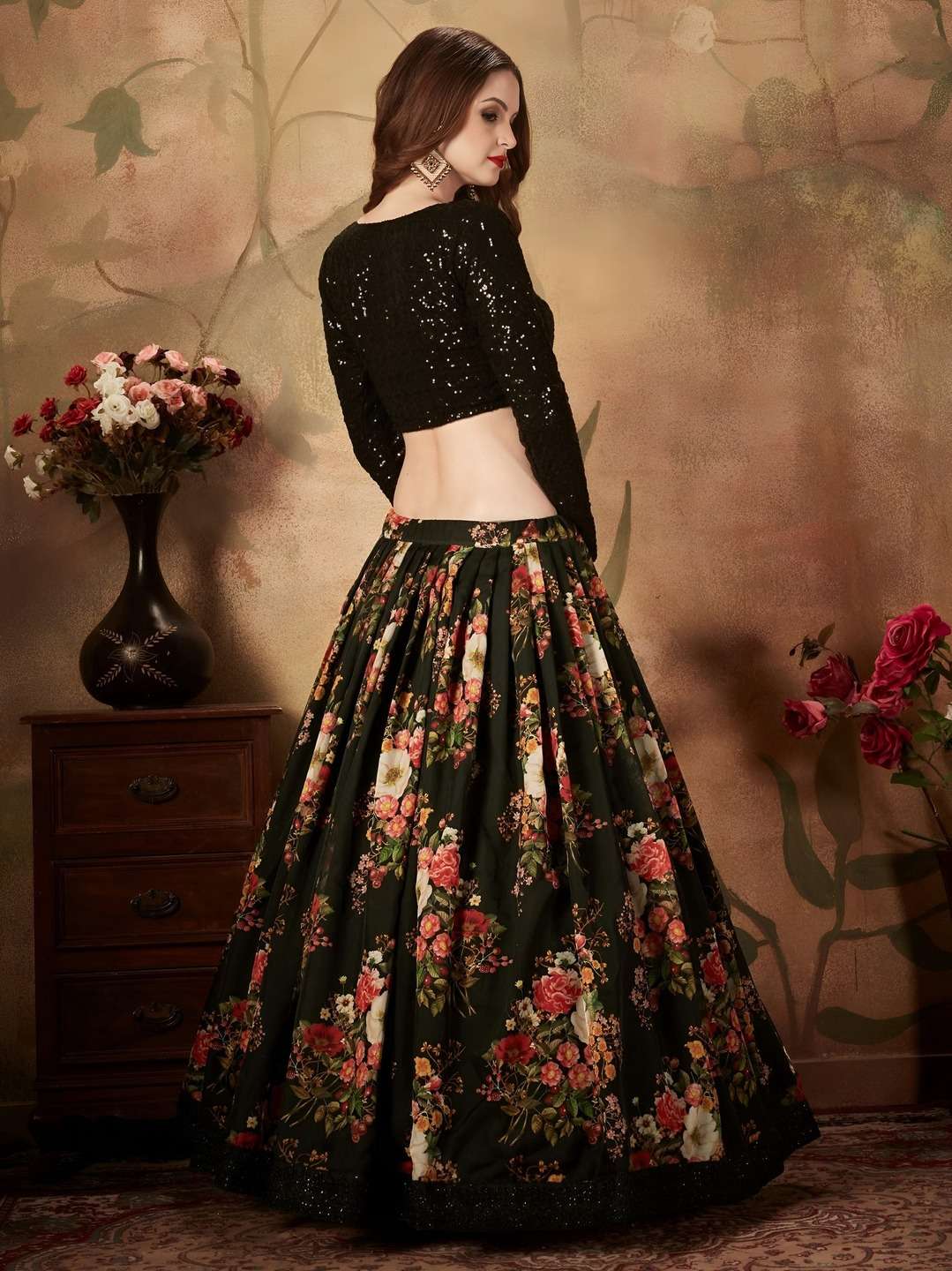 PREMIUM BLACK FLORAL LEHENGA CHOLI WITH SEQUIN BLOUSE