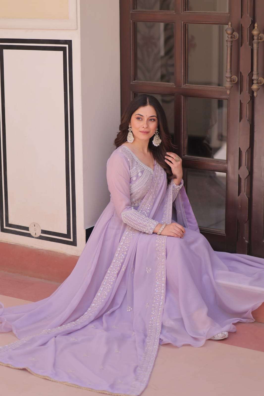 PREMIUM STAR GEORGETTE WITH RICH SEQUENCE CODING AND BEADS EMBROIDERY WORK READYMADE GOWN-DUPATTA SET 