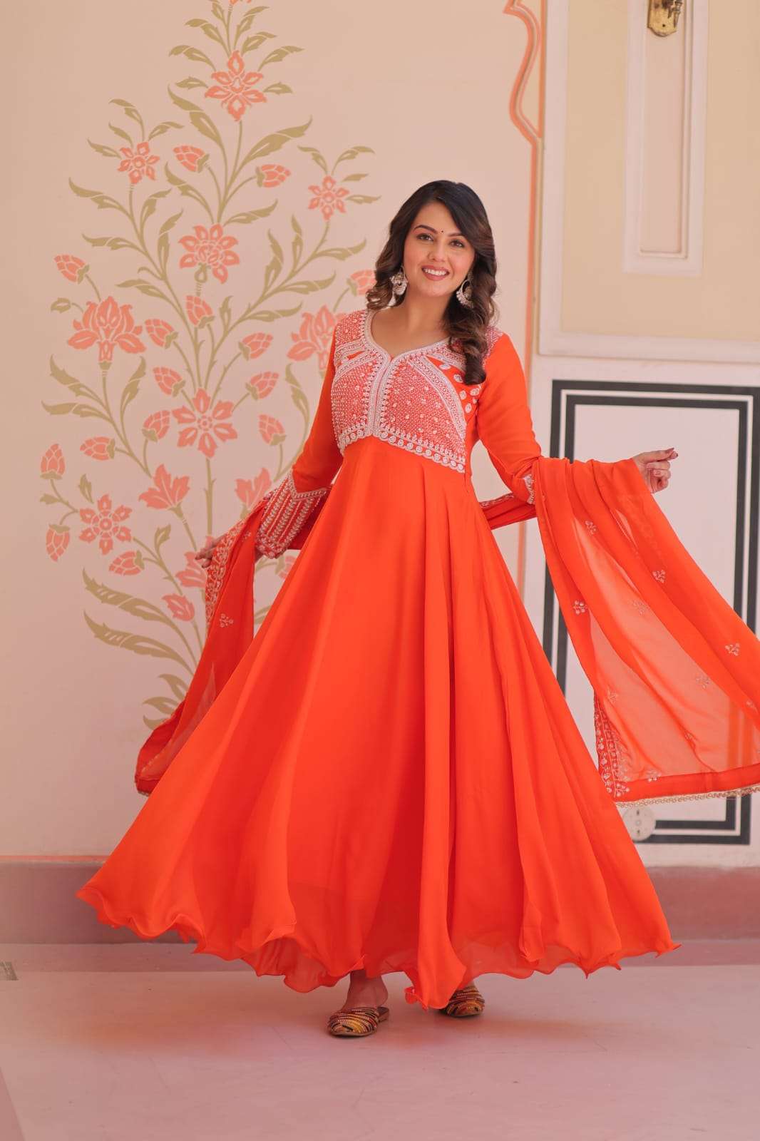 PREMIUM STAR GEORGETTE WITH RICH SEQUENCE CODING AND BEADS EMBROIDERY WORK READYMADE GOWN-DUPATTA SET 