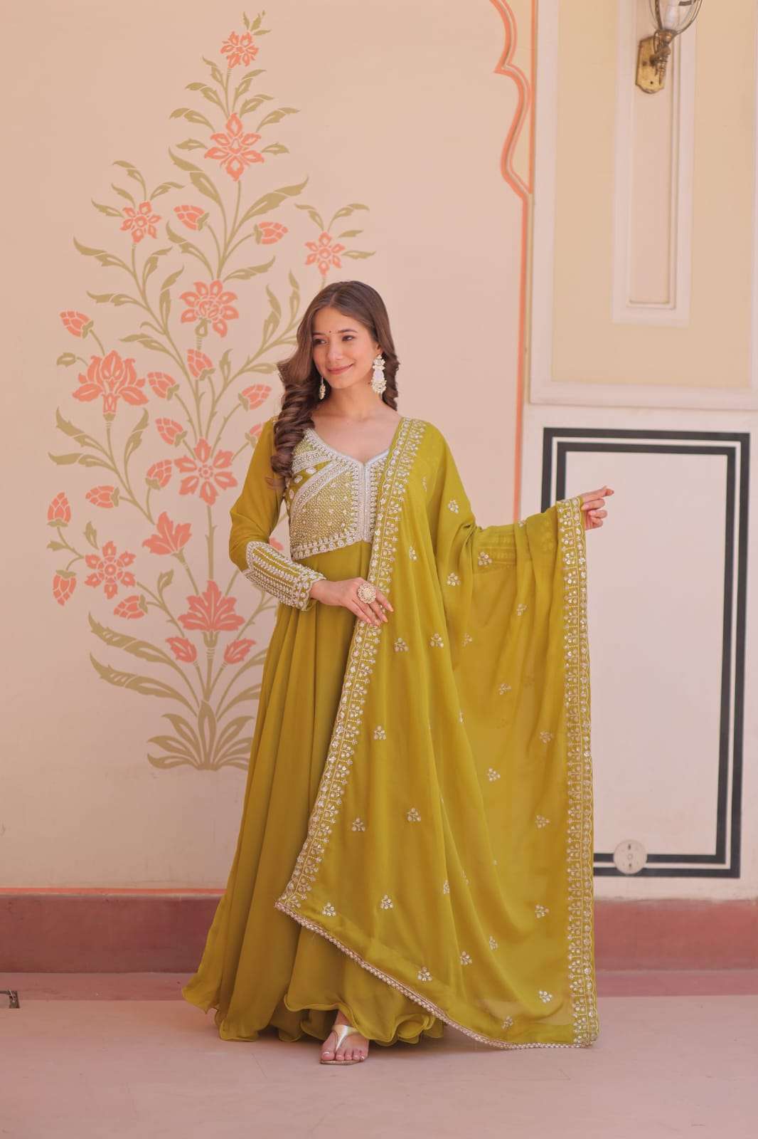 PREMIUM STAR GEORGETTE WITH RICH SEQUENCE CODING AND BEADS EMBROIDERY WORK READYMADE GOWN-DUPATTA SET 