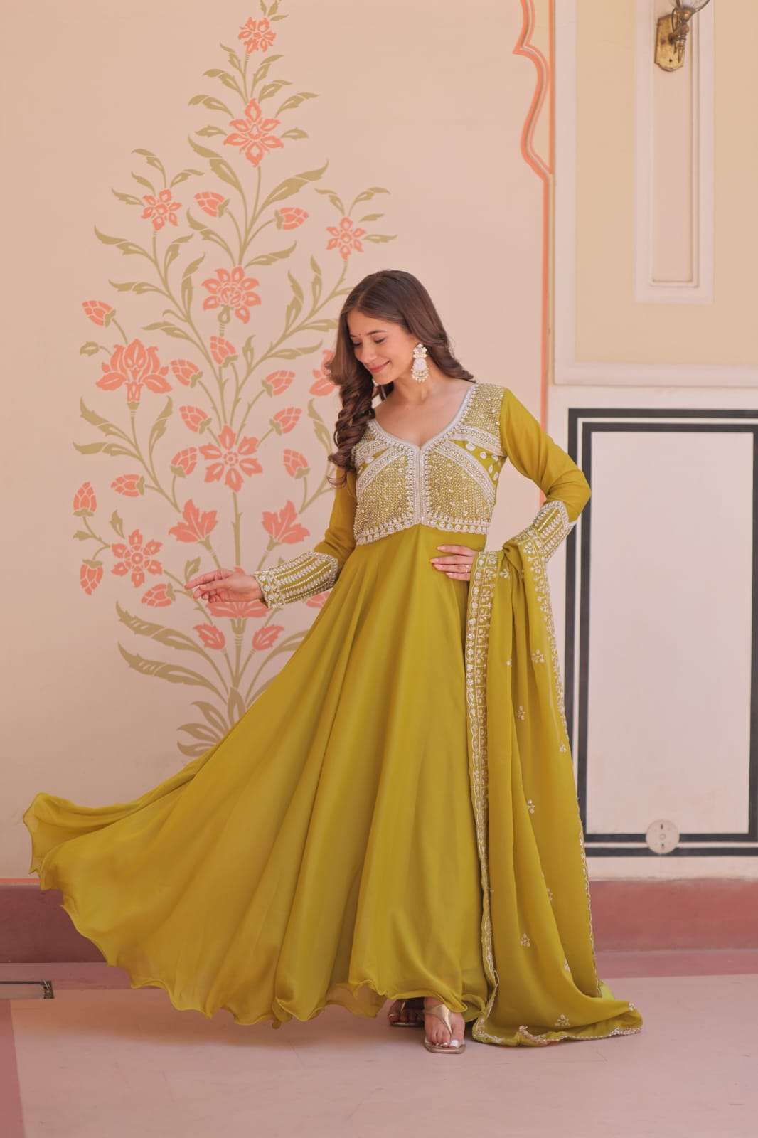 PREMIUM STAR GEORGETTE WITH RICH SEQUENCE CODING AND BEADS EMBROIDERY WORK READYMADE GOWN-DUPATTA SET 