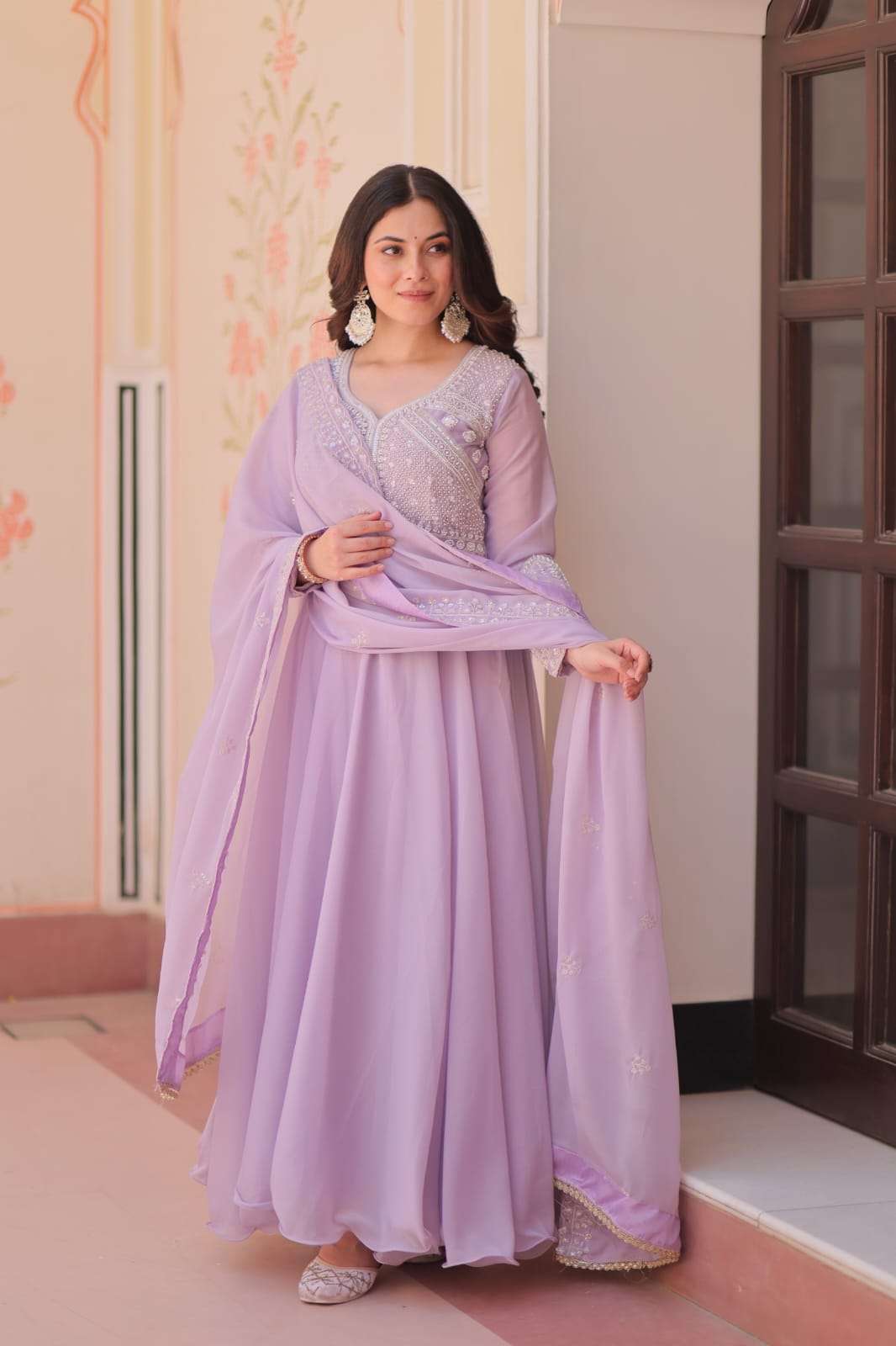 PREMIUM STAR GEORGETTE WITH RICH SEQUENCE CODING AND BEADS EMBROIDERY WORK READYMADE GOWN-DUPATTA SET 