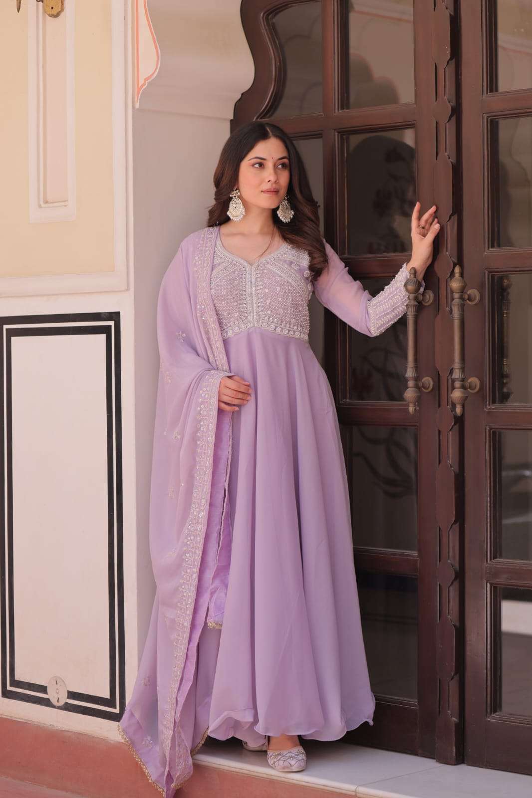 PREMIUM STAR GEORGETTE WITH RICH SEQUENCE CODING AND BEADS EMBROIDERY WORK READYMADE GOWN-DUPATTA SET 