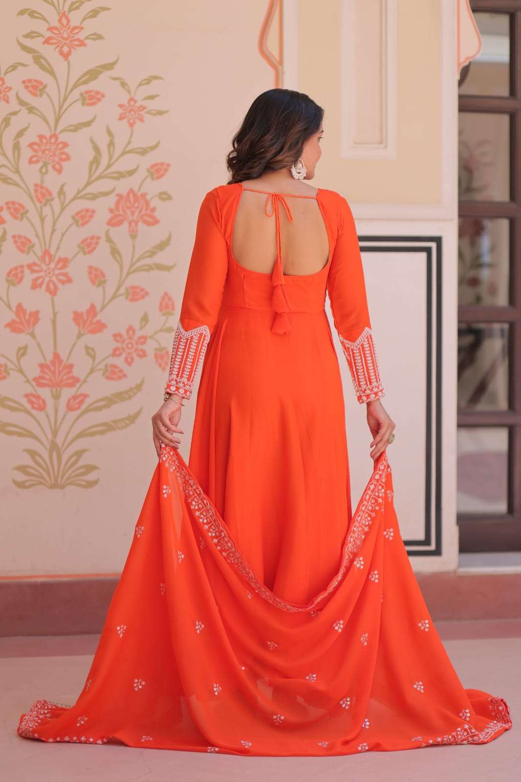 PREMIUM STAR GEORGETTE WITH RICH SEQUENCE CODING AND BEADS EMBROIDERY WORK READYMADE GOWN-DUPATTA SET 