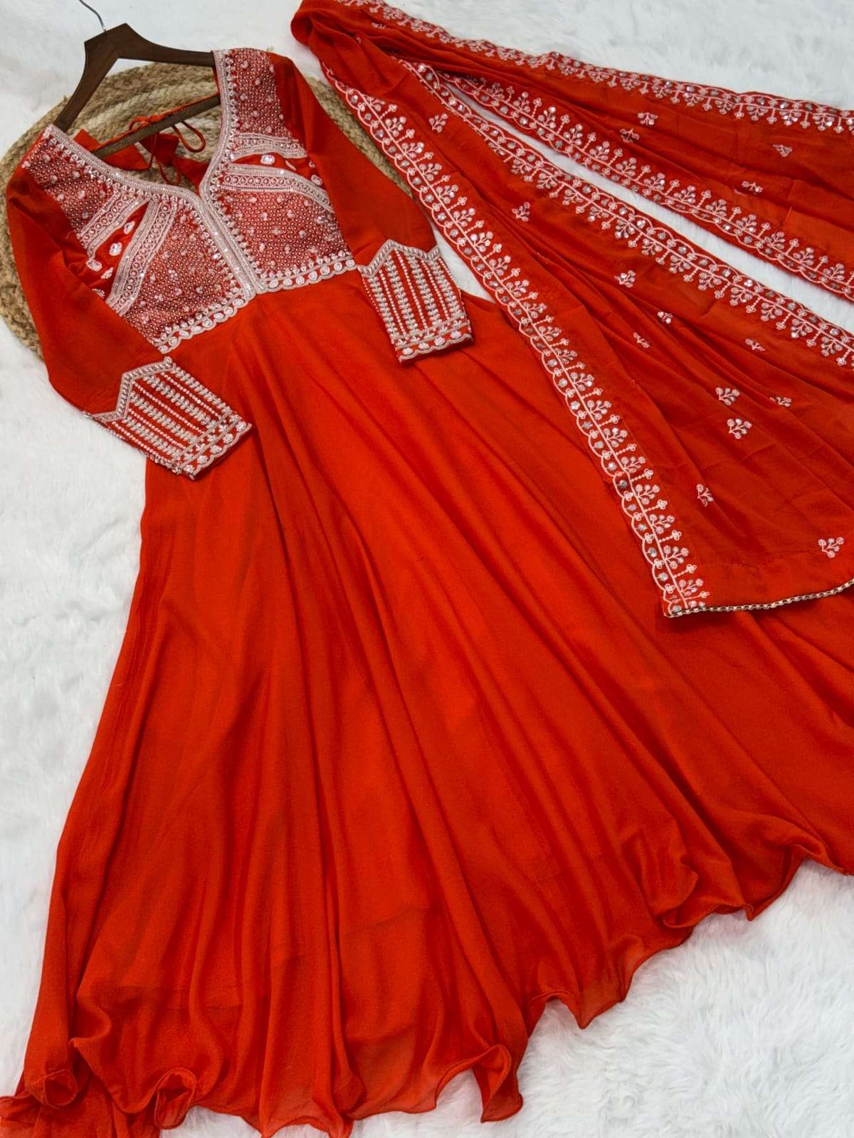 PREMIUM STAR GEORGETTE WITH RICH SEQUENCE CODING AND BEADS EMBROIDERY WORK READYMADE GOWN-DUPATTA SET 