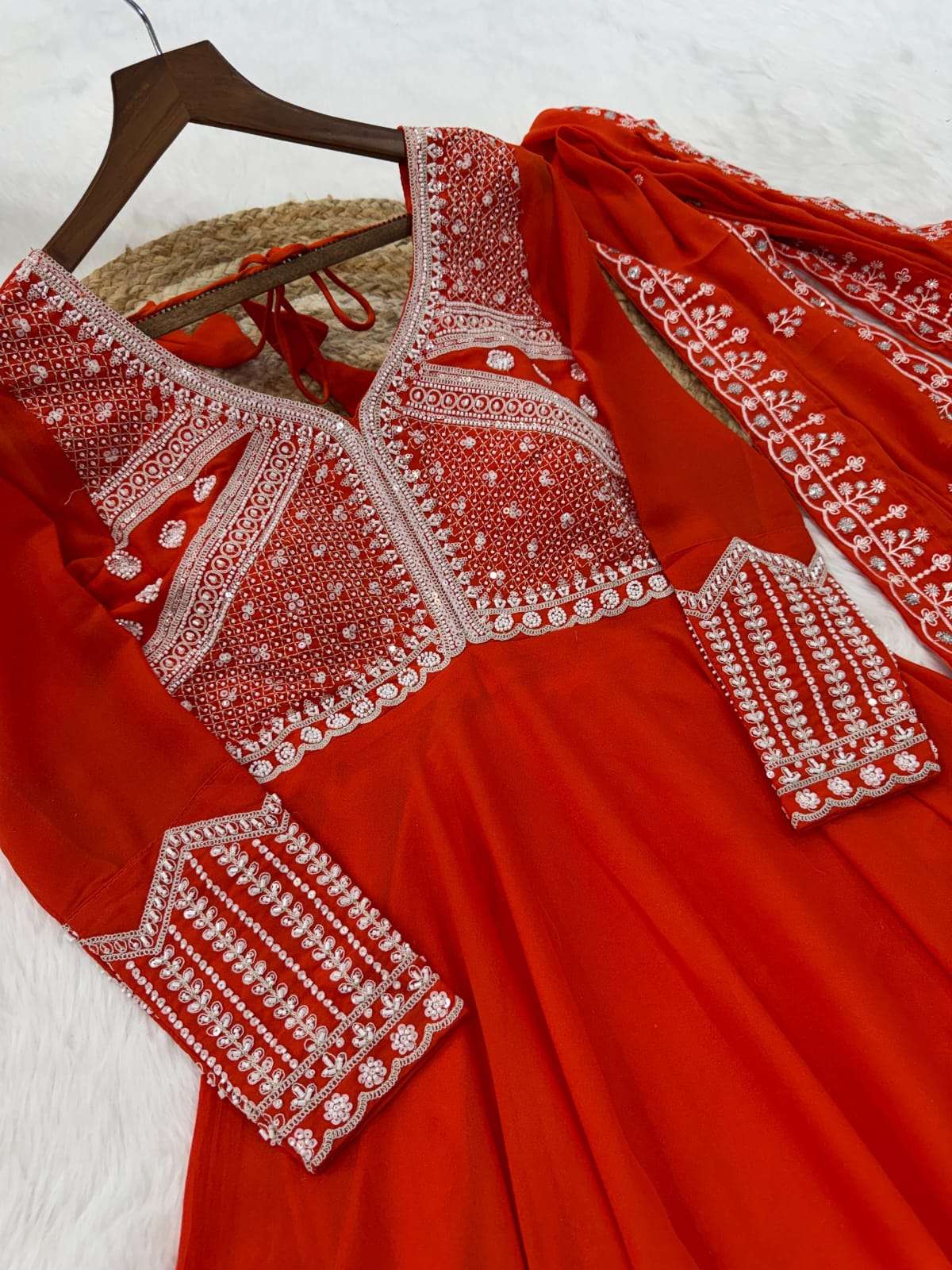 PREMIUM STAR GEORGETTE WITH RICH SEQUENCE CODING AND BEADS EMBROIDERY WORK READYMADE GOWN-DUPATTA SET 
