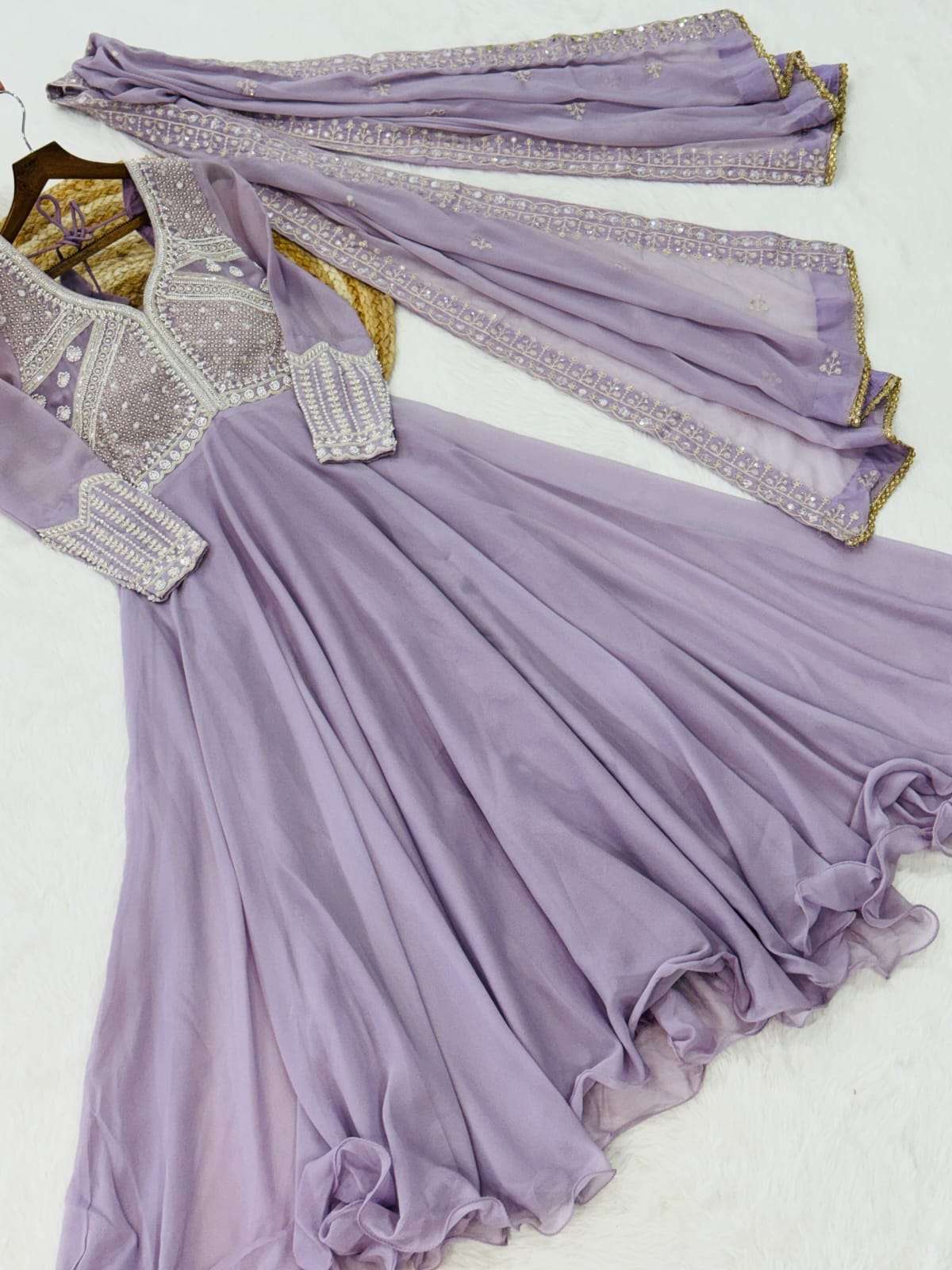 PREMIUM STAR GEORGETTE WITH RICH SEQUENCE CODING AND BEADS EMBROIDERY WORK READYMADE GOWN-DUPATTA SET 