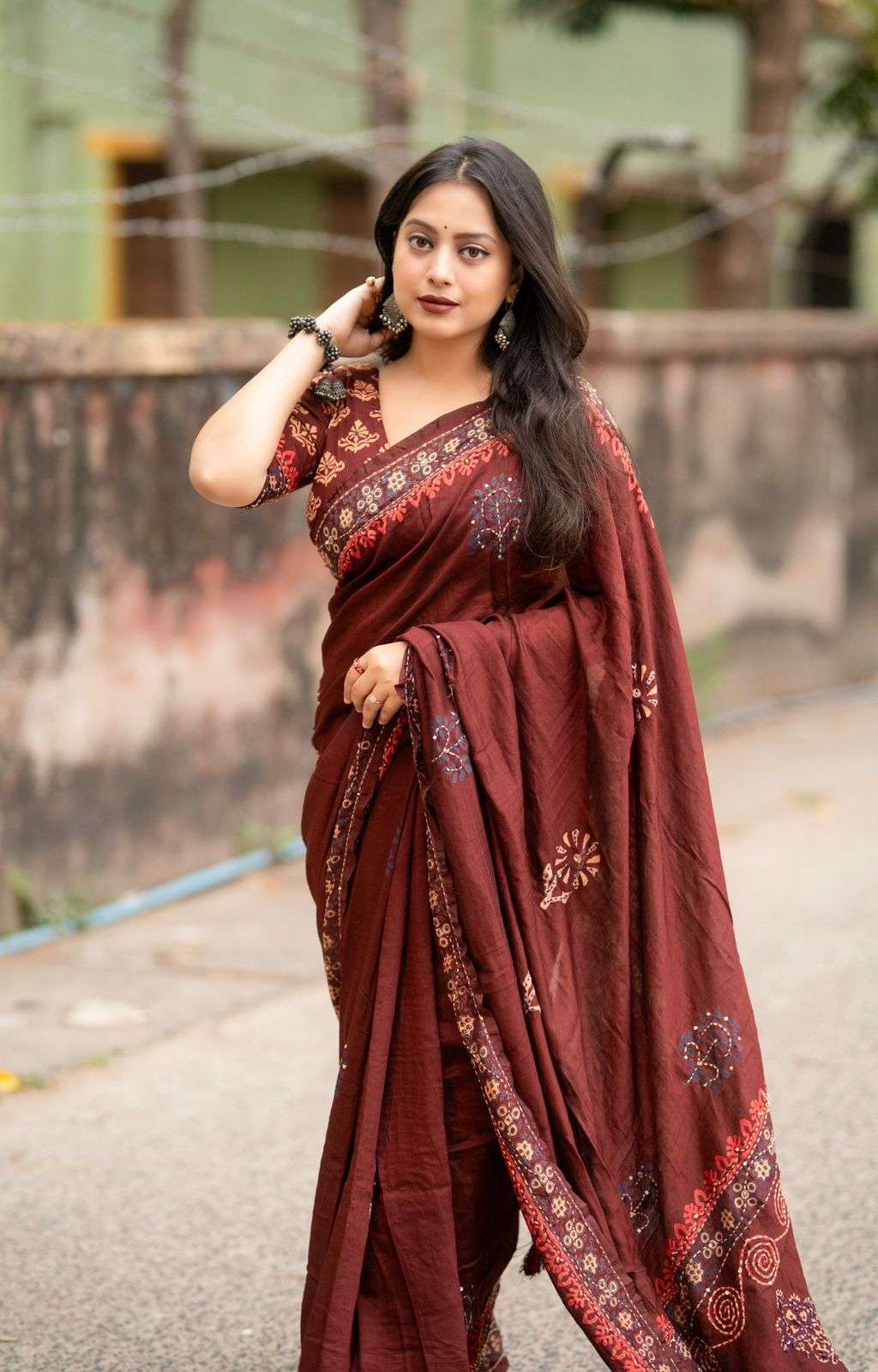 PURE CHANDERI COTTON SAREE WITH HAND BLOCK AJRAKH PRINTS 