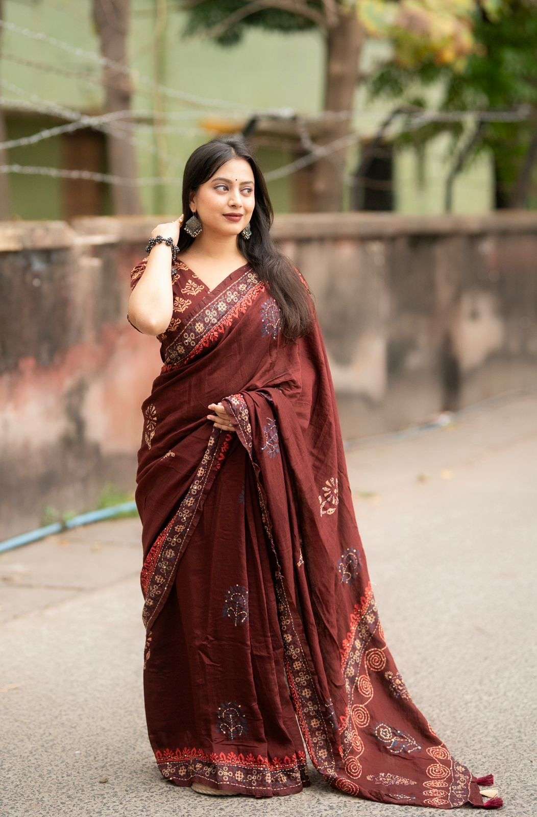 PURE CHANDERI COTTON SAREE WITH HAND BLOCK AJRAKH PRINTS 