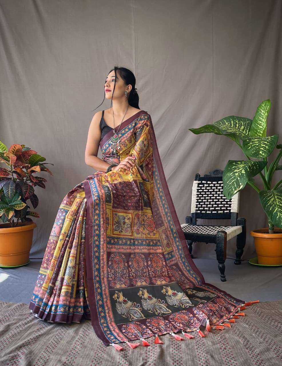 PURE MALAI COTTON SAREE WITH  KALAMKARI PRINTS AND CONTRAST PALLU 