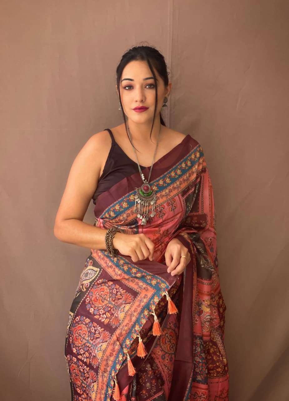 PURE MALAI COTTON SAREE WITH  KALAMKARI PRINTS AND CONTRAST PALLU 