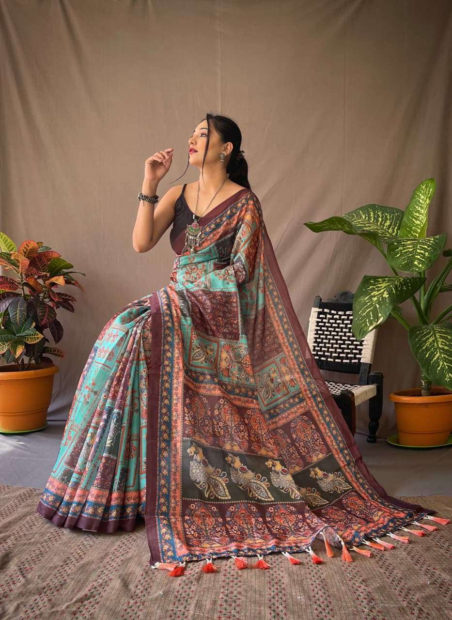 PURE MALAI COTTON SAREE WITH  KALAMKARI PRINTS AND CONTRAST PALLU 
