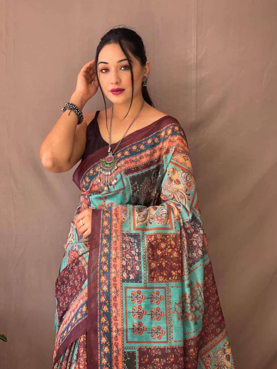 PURE MALAI COTTON SAREE WITH  KALAMKARI PRINTS AND CONTRAST PALLU 