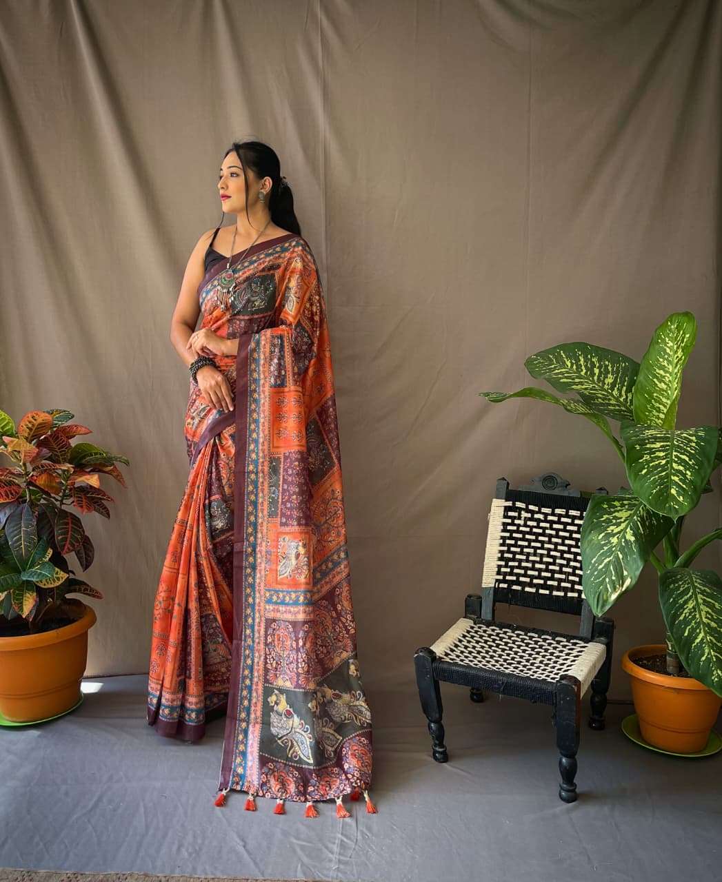 PURE MALAI COTTON SAREE WITH  KALAMKARI PRINTS AND CONTRAST PALLU 