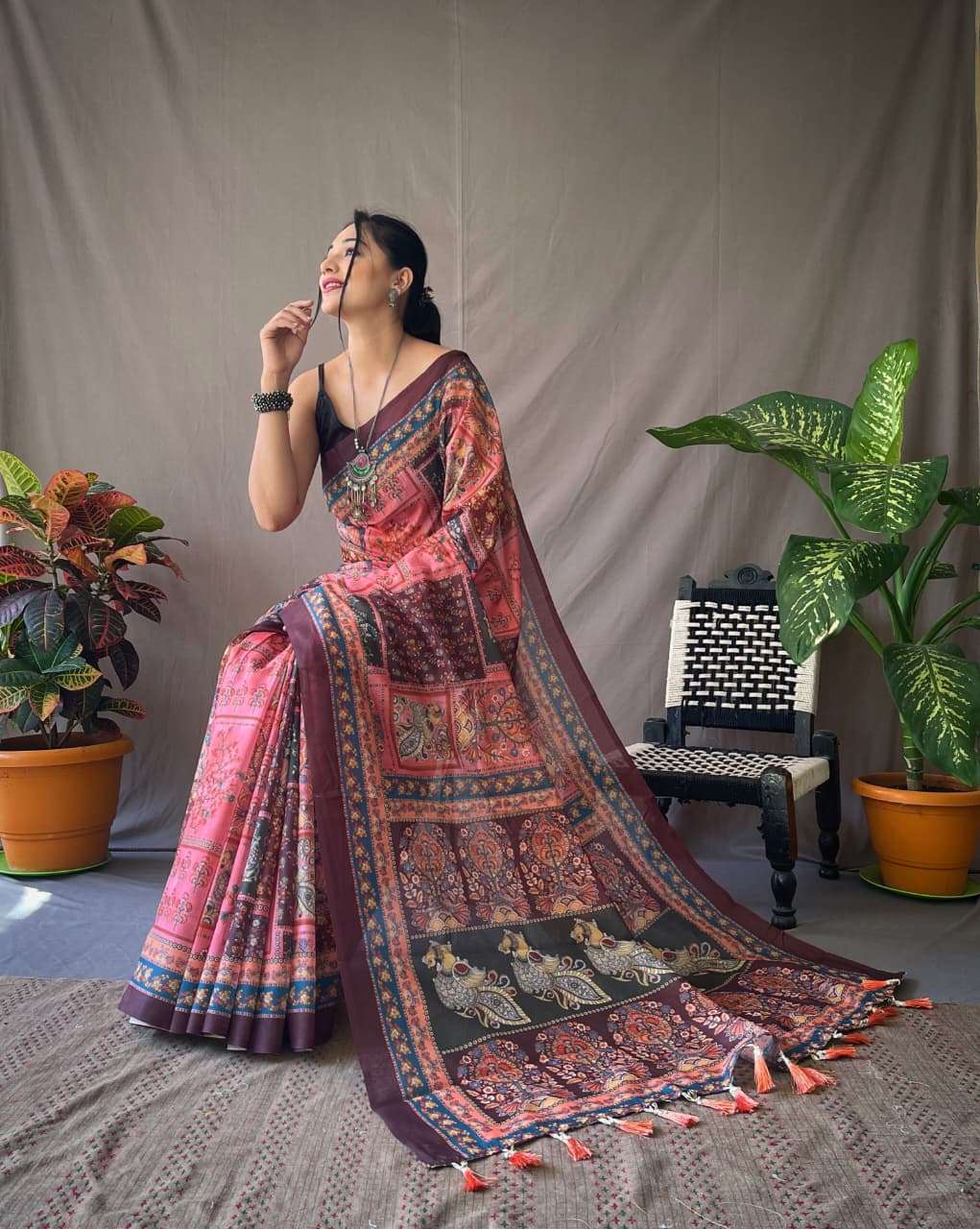 PURE MALAI COTTON SAREE WITH  KALAMKARI PRINTS AND CONTRAST PALLU 