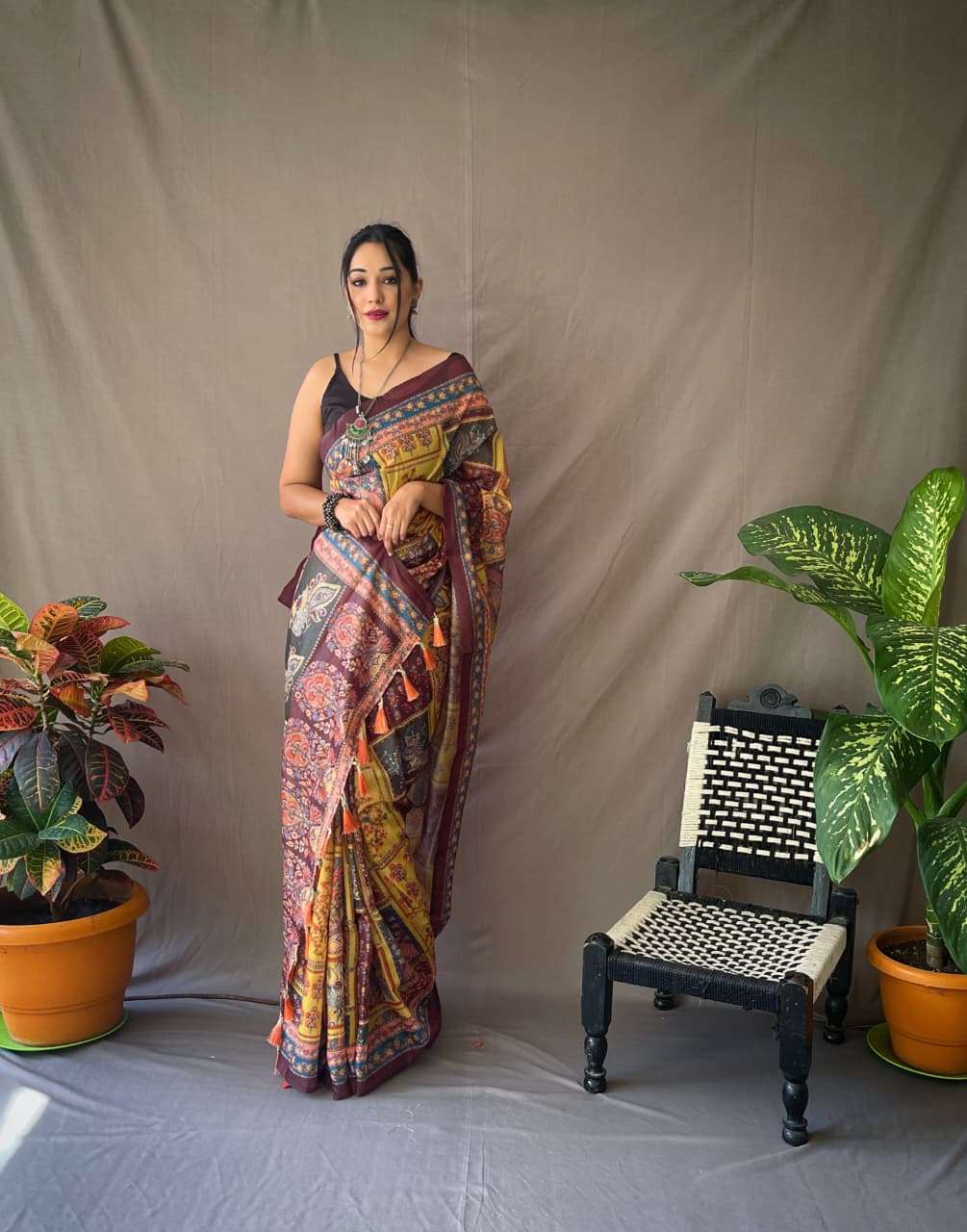 PURE MALAI COTTON SAREE WITH  KALAMKARI PRINTS AND CONTRAST PALLU 