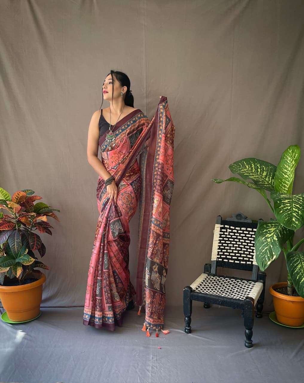 PURE MALAI COTTON SAREE WITH  KALAMKARI PRINTS AND CONTRAST PALLU 