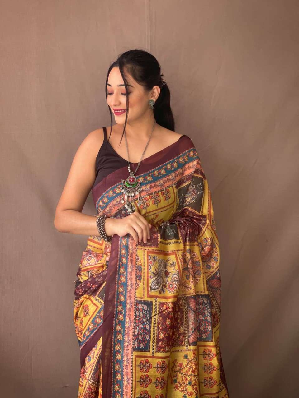 PURE MALAI COTTON SAREE WITH  KALAMKARI PRINTS AND CONTRAST PALLU 