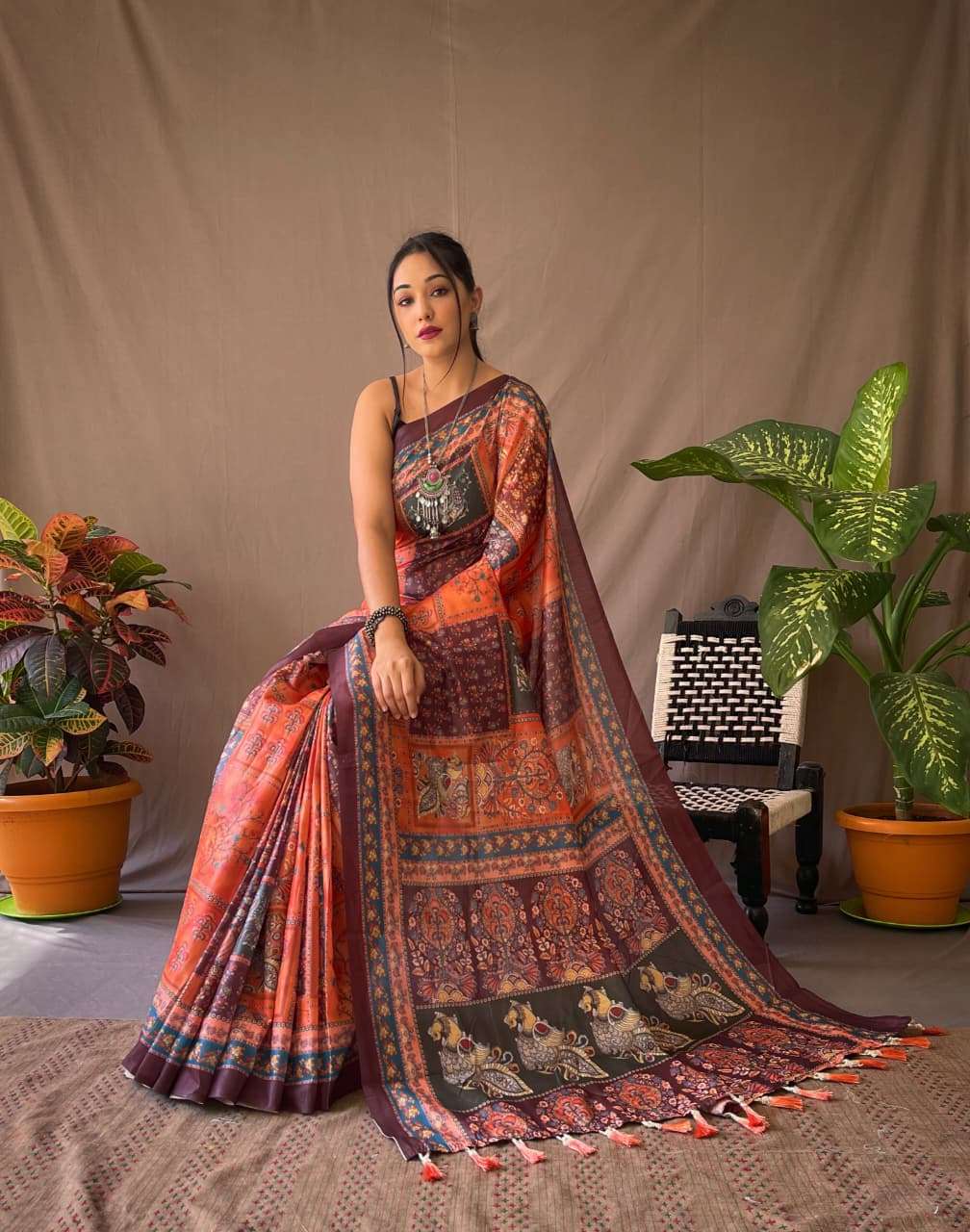 PURE MALAI COTTON SAREE WITH  KALAMKARI PRINTS AND CONTRAST PALLU 