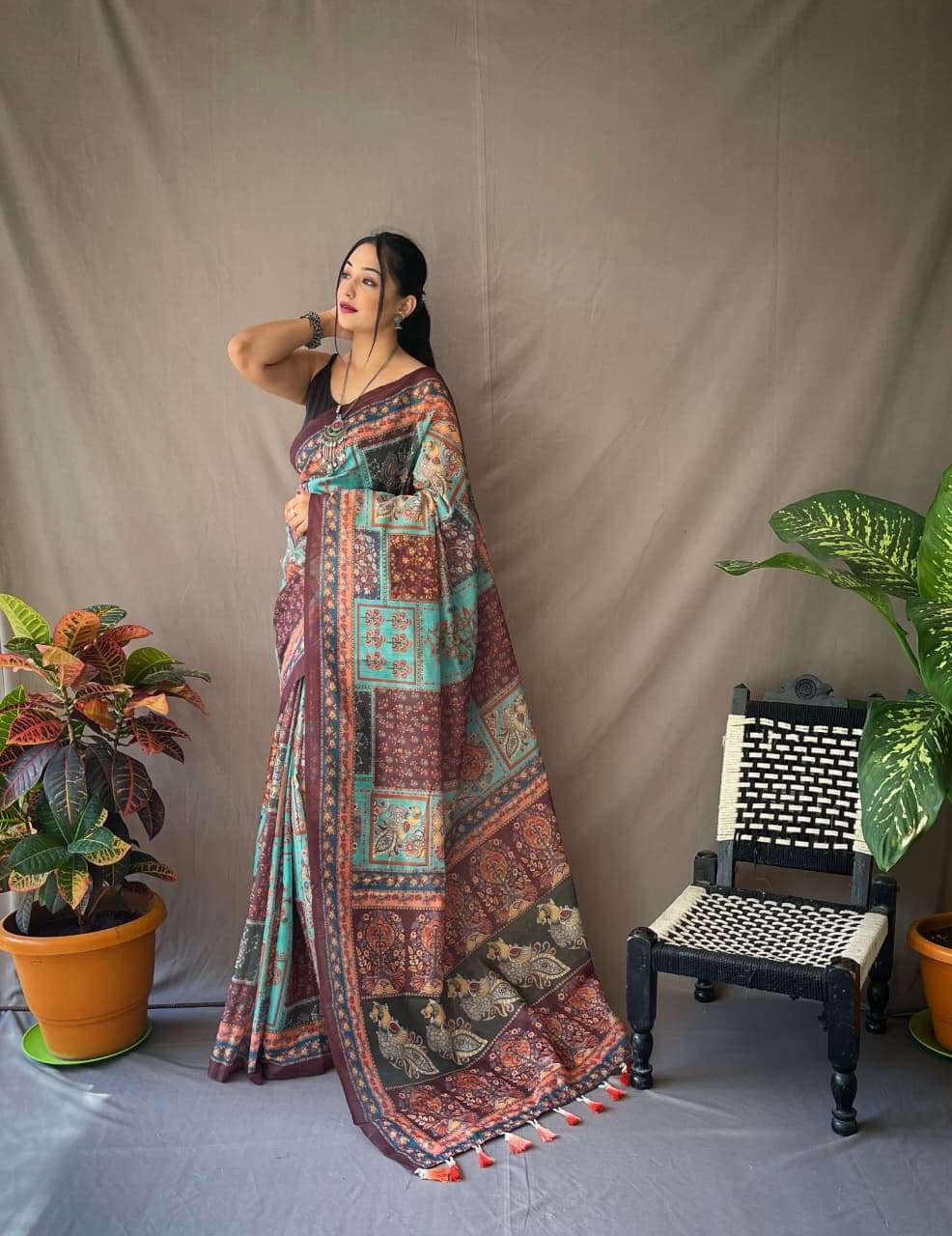 PURE MALAI COTTON SAREE WITH  KALAMKARI PRINTS AND CONTRAST PALLU 