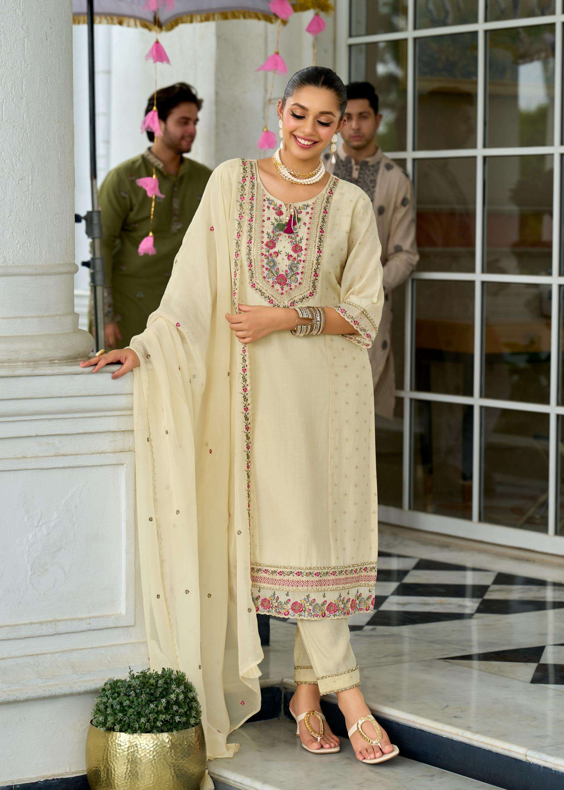 PURE MULL CHANDERI JECARD WITH HAND WORK AND EMBROIDERY KURTI SET BY SAWARIYA