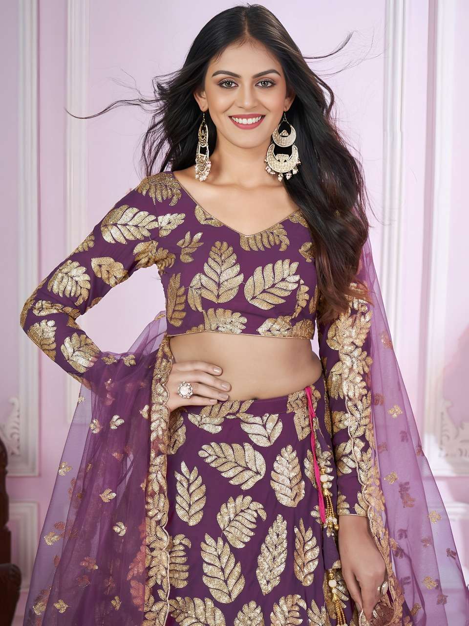 PURPLE SEQUENCE LEAF DESIGNER LEHENGA CHOLI                    