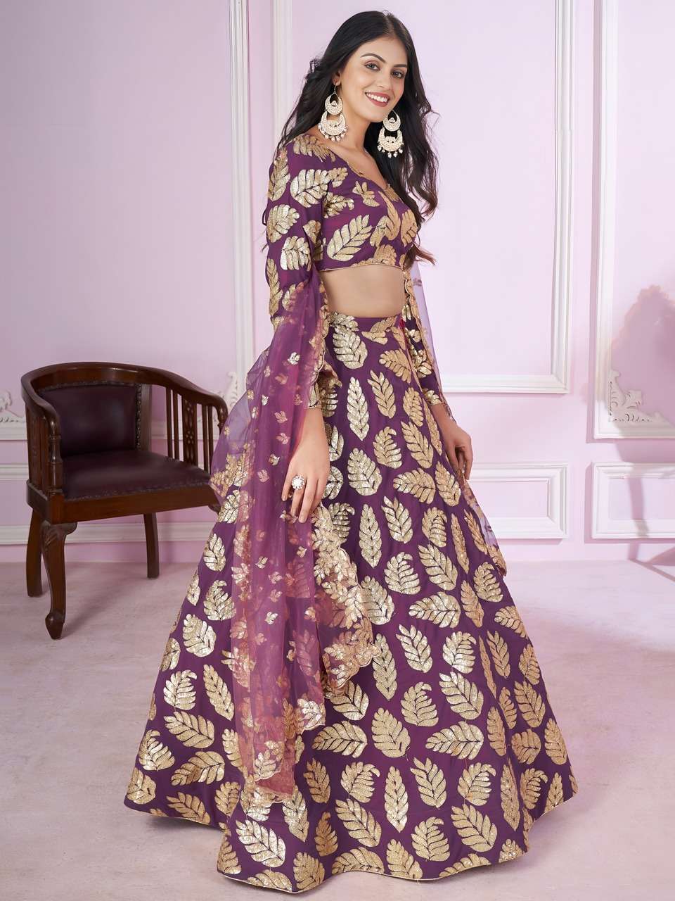 PURPLE SEQUENCE LEAF DESIGNER LEHENGA CHOLI                    