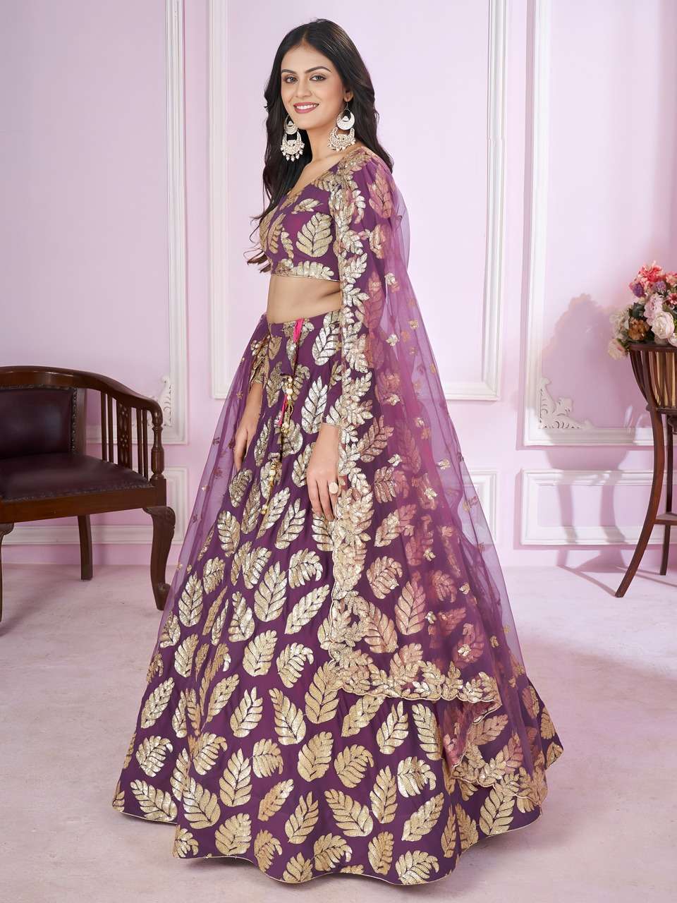 PURPLE SEQUENCE LEAF DESIGNER LEHENGA CHOLI                    